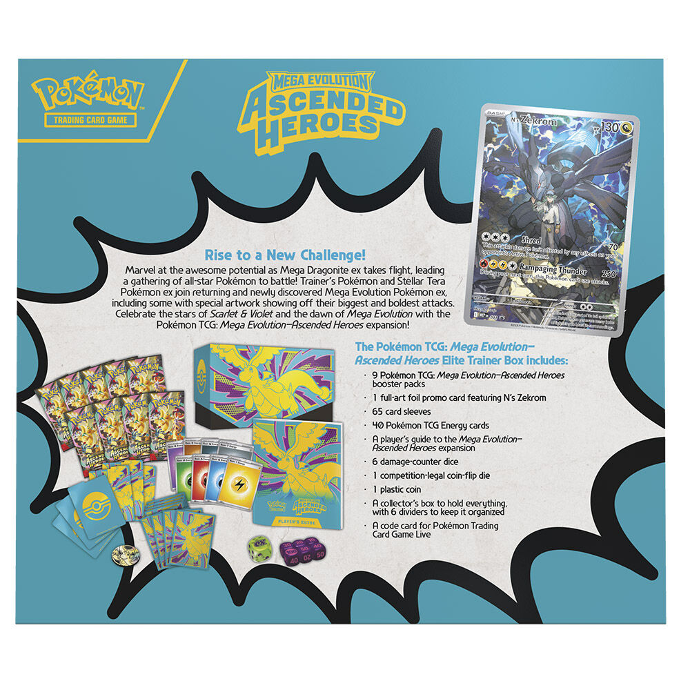 Reverso del Estuche Entrenador Élite Ascended Heroes de Pokémon TCG en inglés con contenido del producto.