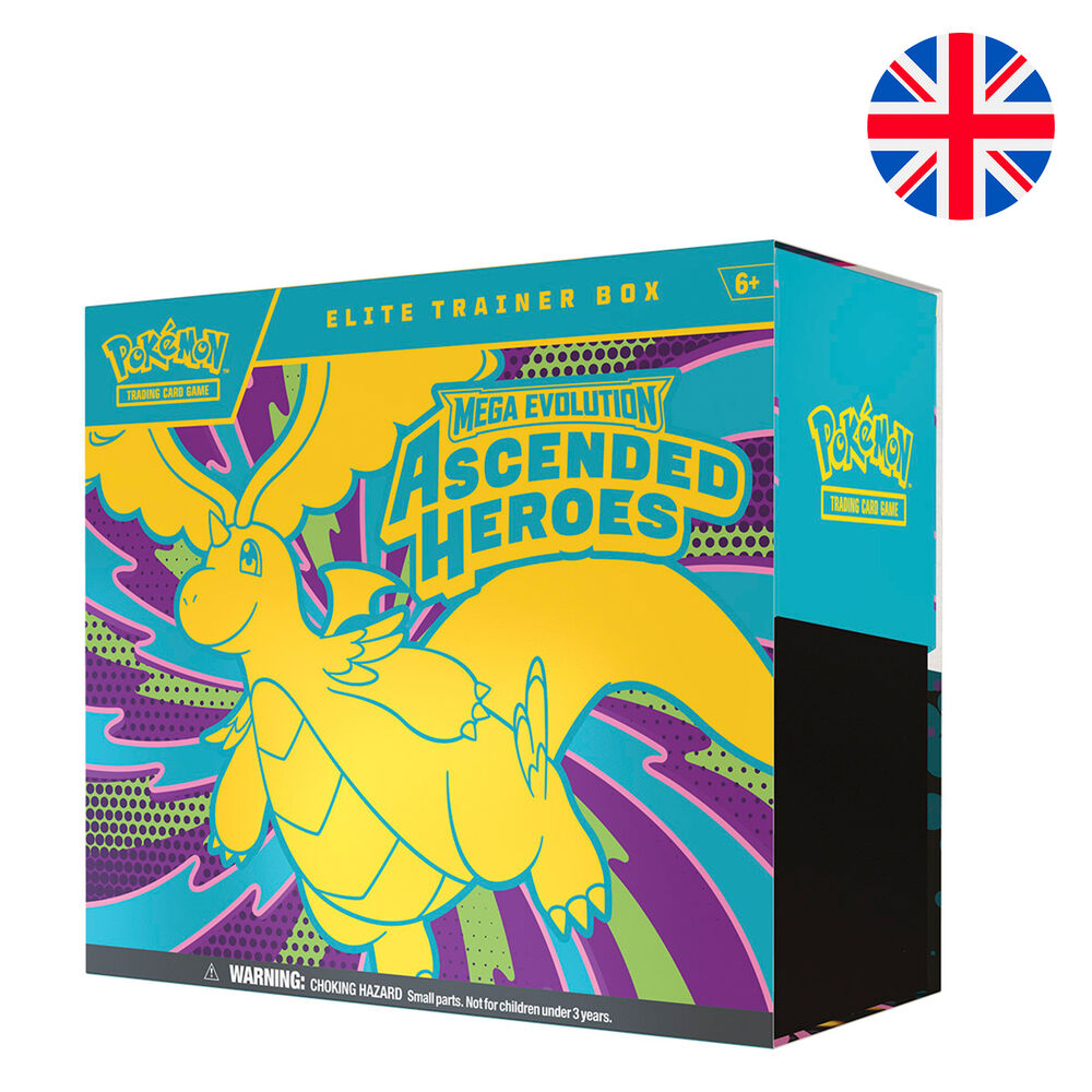 Estuche Entrenador Élite Ascended Heroes de Pokémon TCG en inglés con sobres, cartas y accesorios.