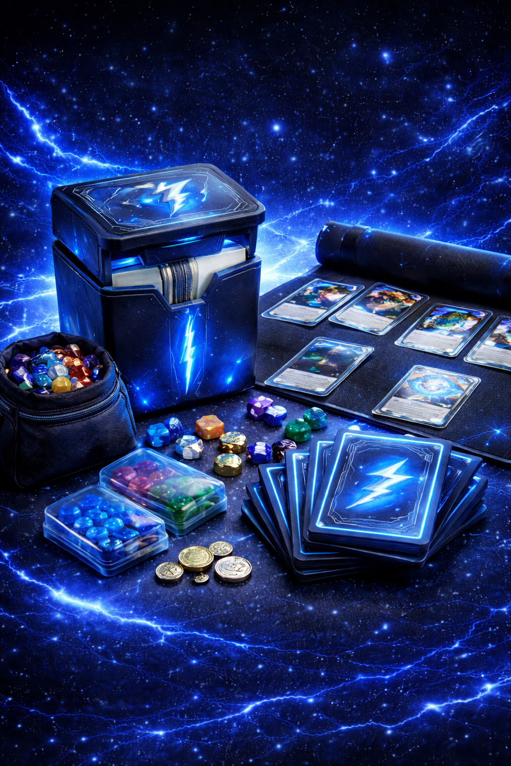 Accesorios para juegos de mesa y TCG de Full Vicie Games, fundas, dados y material para cartas coleccionables.